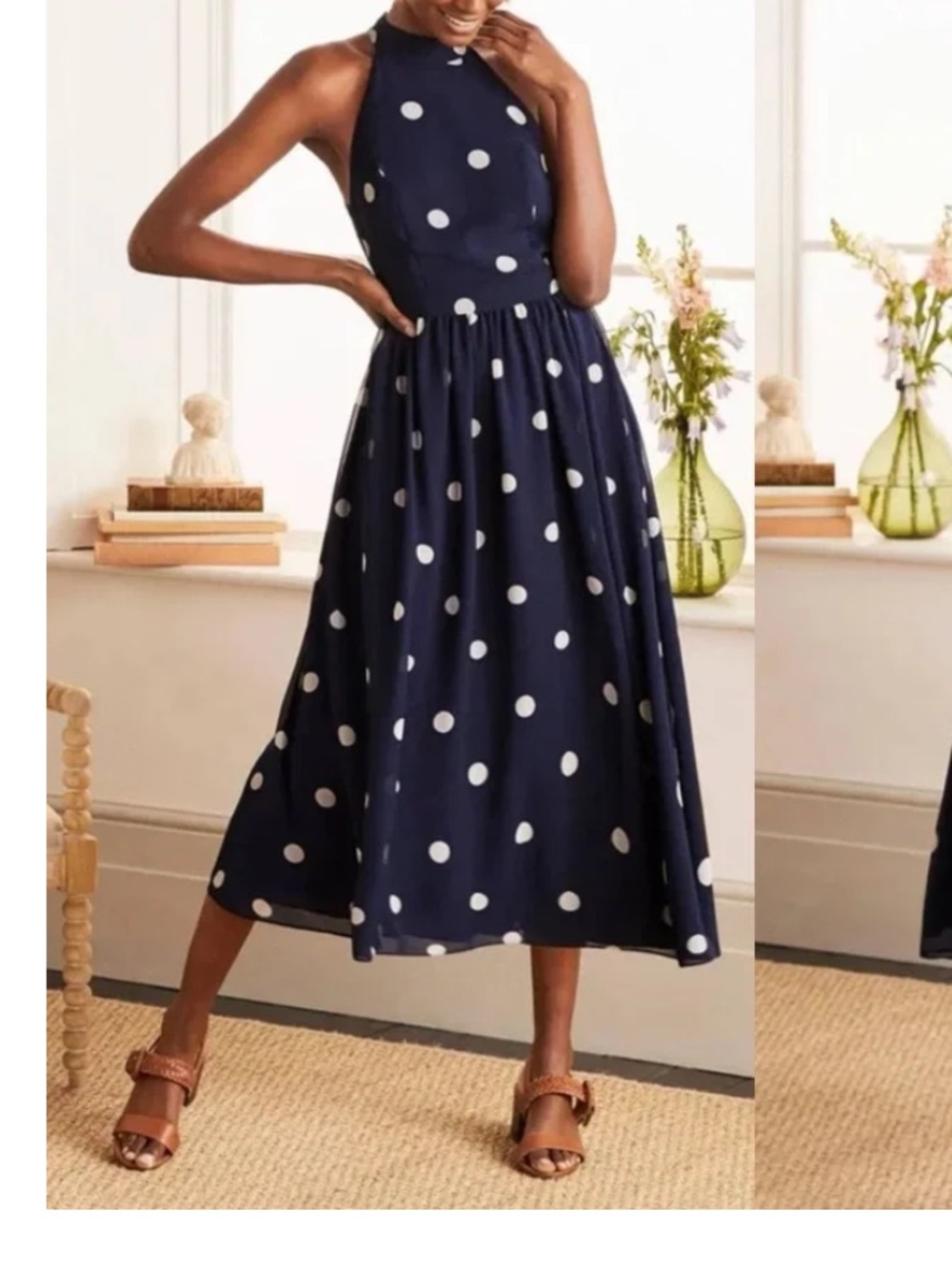 New Boden  Navy and White Polka Dot Halter Midi Dress